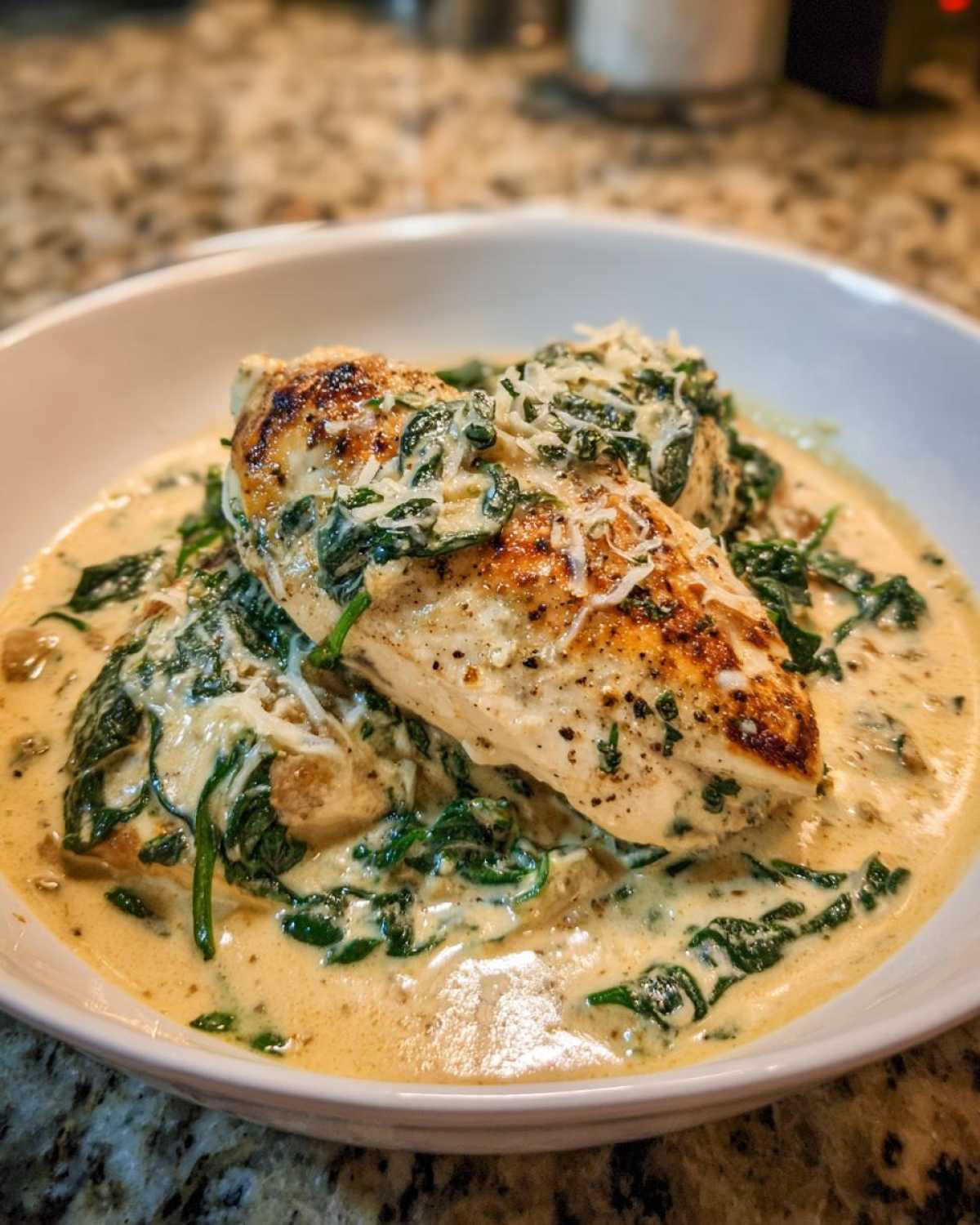 A seared chicken breast served over wilted spinach in a rich, creamy sauce, topped with grated cheese for Creamy Spinach Ricotta Chicken Skillet.