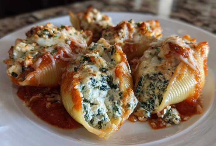 Close-up of baked Creamy Spinach and Ricotta Stuffed Shells topped with melted cheese and marinara sauce.