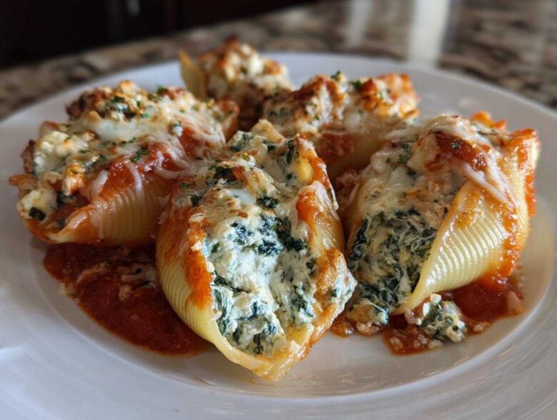Close-up of baked Creamy Spinach and Ricotta Stuffed Shells topped with melted cheese and marinara sauce.