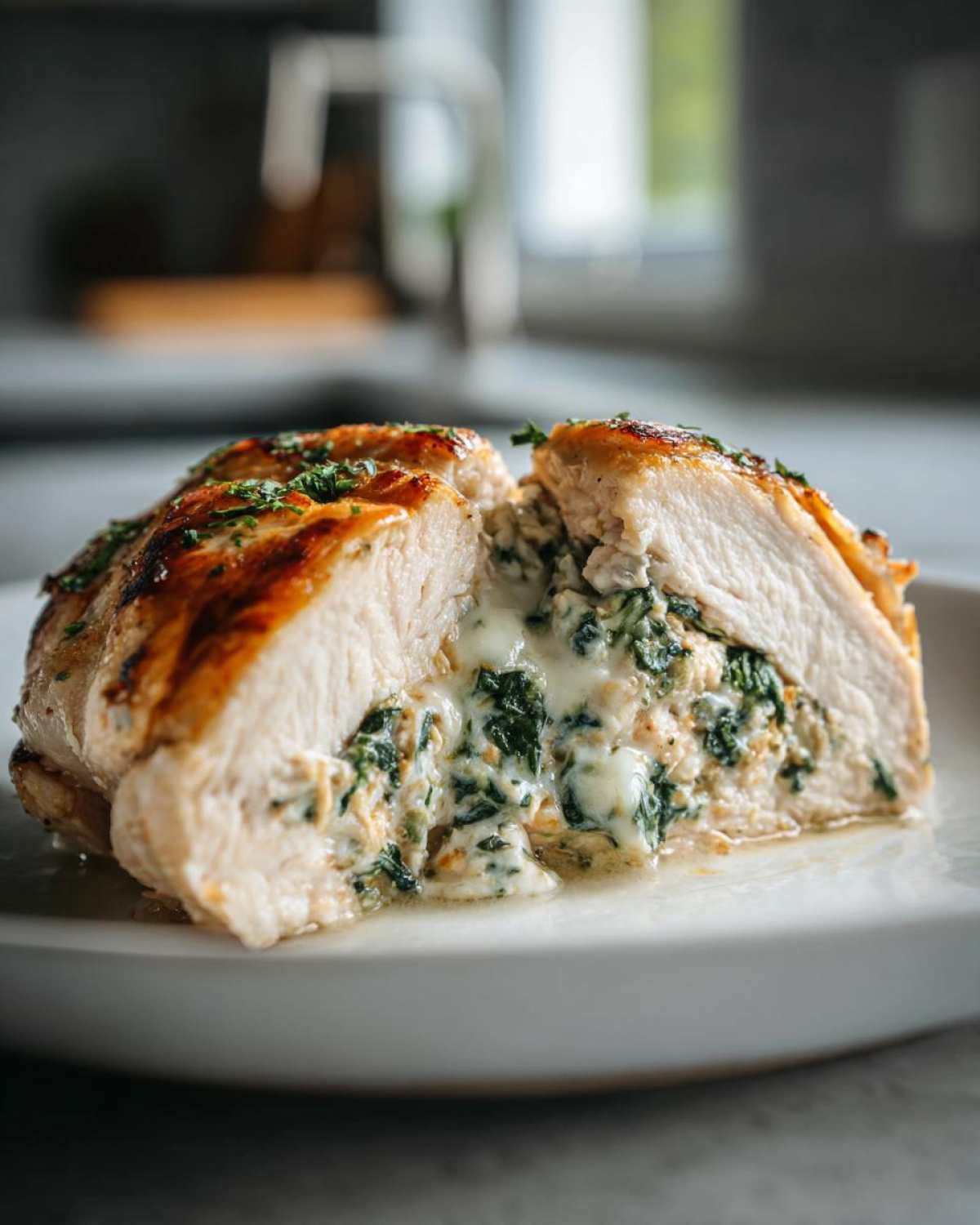 Cross-section of a golden-brown Creamy Spinach Stuffed Chicken Breast revealing the rich, cheesy spinach filling.
