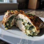 Cross-section of a perfectly cooked Creamy Spinach Stuffed Chicken Breast showing melted cheese and spinach filling.