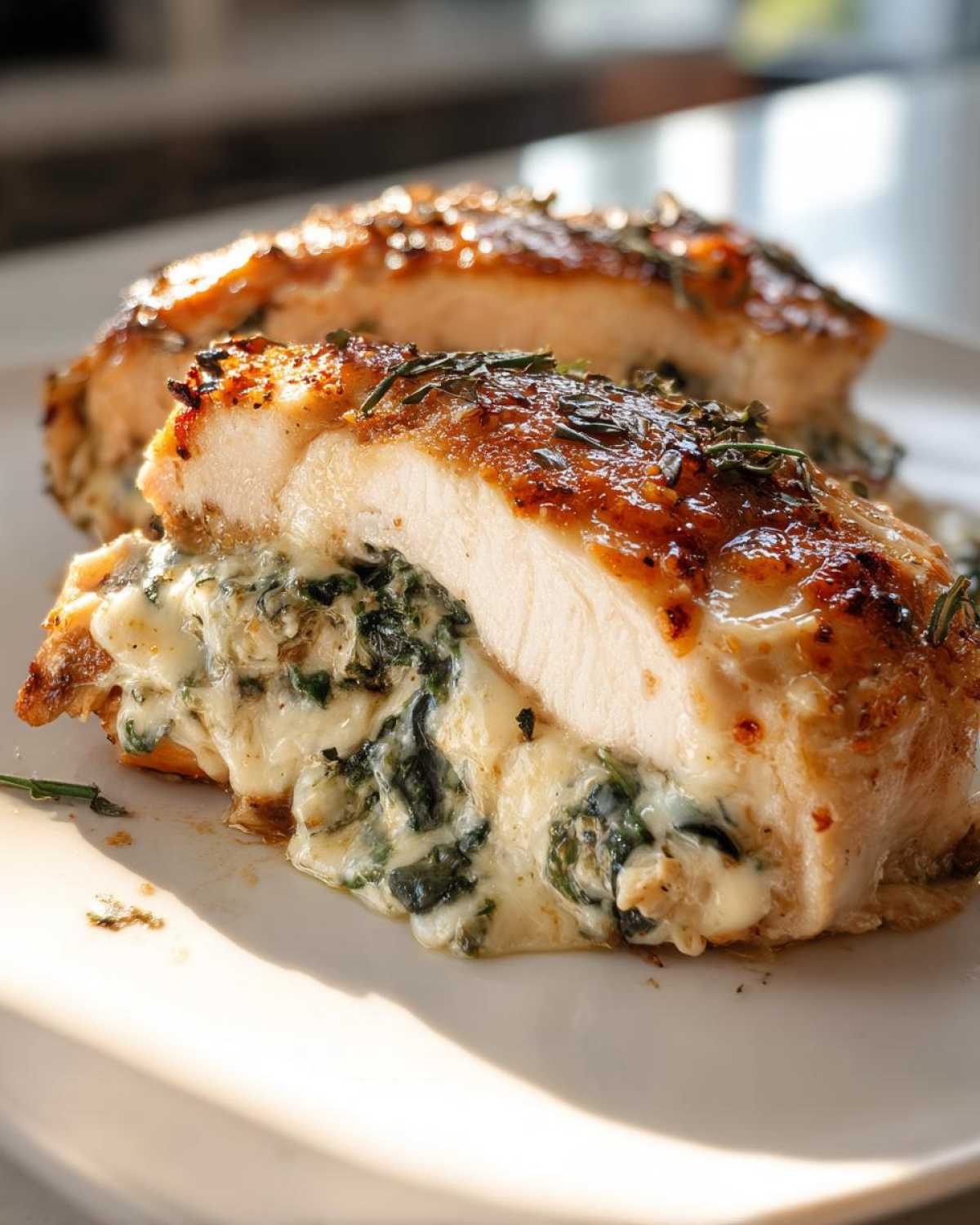 A close-up of a cooked Creamy Spinach Stuffed Chicken Breast, sliced open to show the creamy spinach filling.