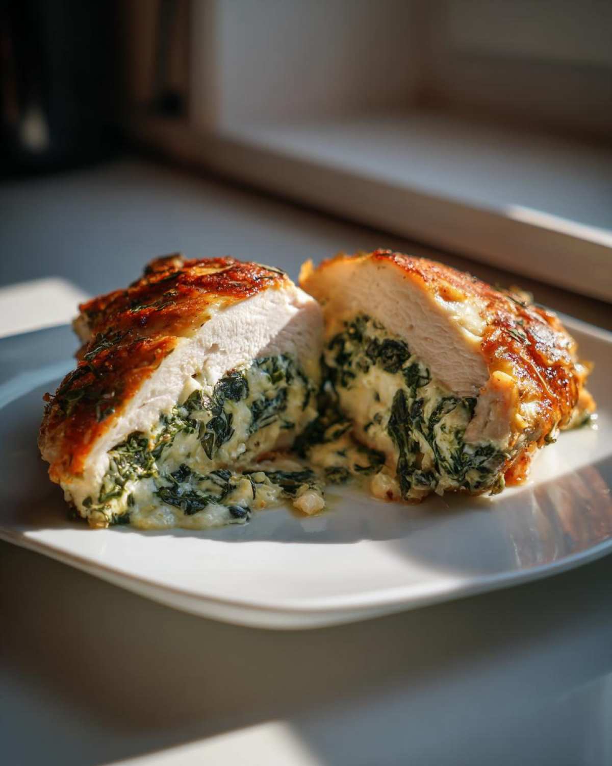 Cross-section of a perfectly cooked Creamy Spinach Stuffed Chicken Breast showing the rich filling.