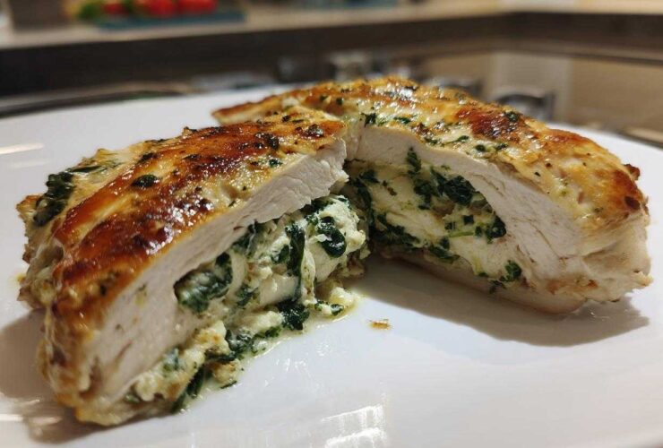 Cross-section view of a golden-brown Creamy Spinach Stuffed Chicken Breast, revealing the rich filling.