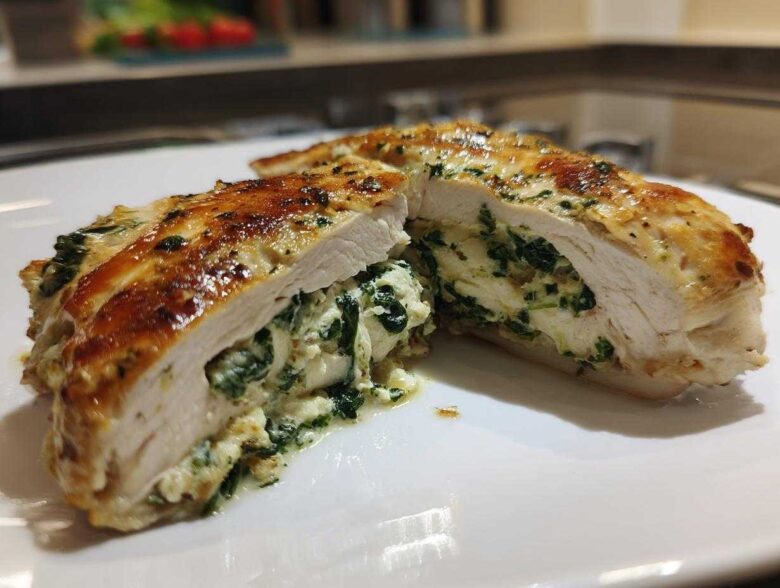 Cross-section view of a golden-brown Creamy Spinach Stuffed Chicken Breast, revealing the rich filling.