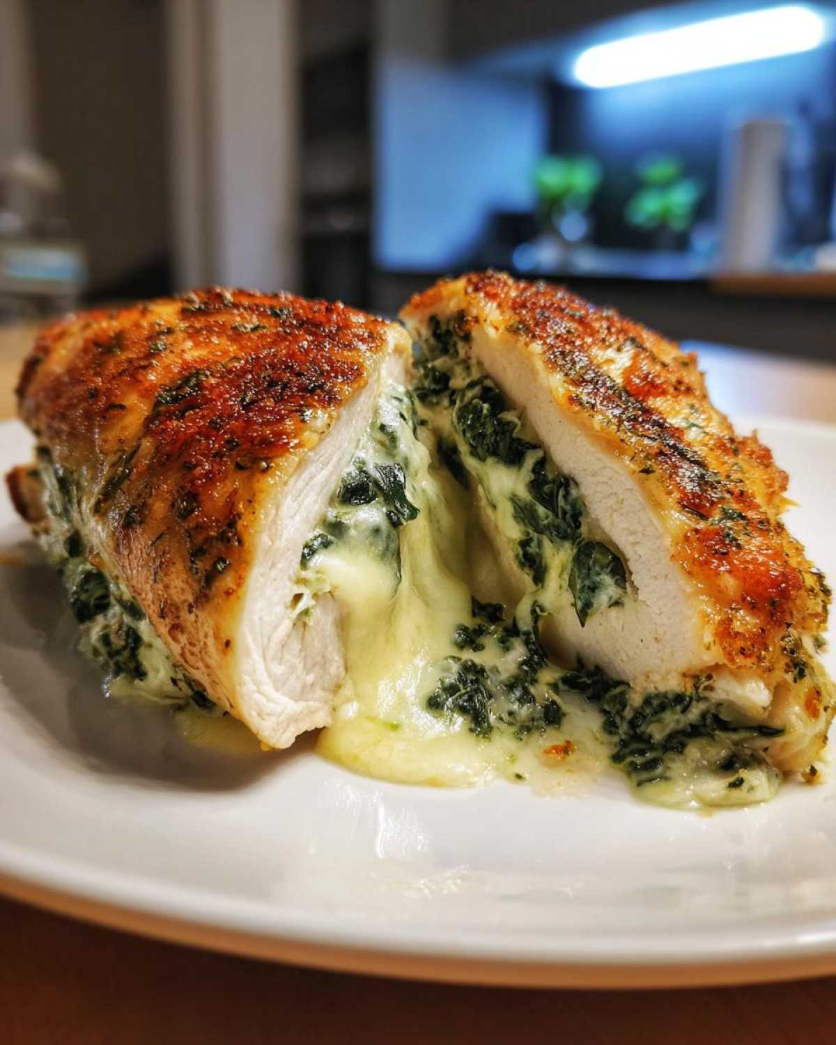 A perfectly cooked Creamy Spinach Stuffed Chicken Breast cut in half, showing the melted cheese and spinach filling oozing out.