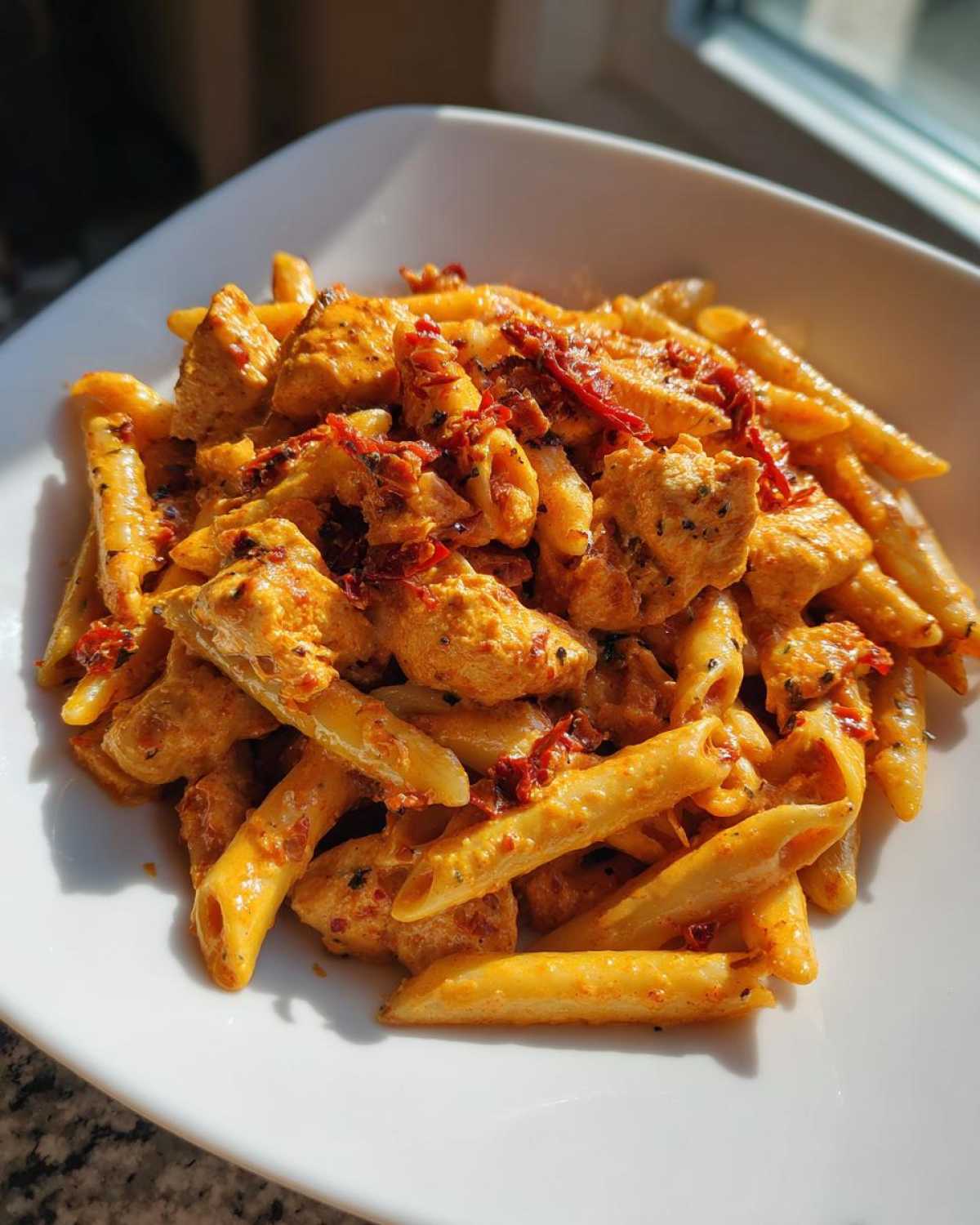 A close-up of creamy sun dried tomato pasta with chicken pieces served in a white bowl, bathed in sunlight.