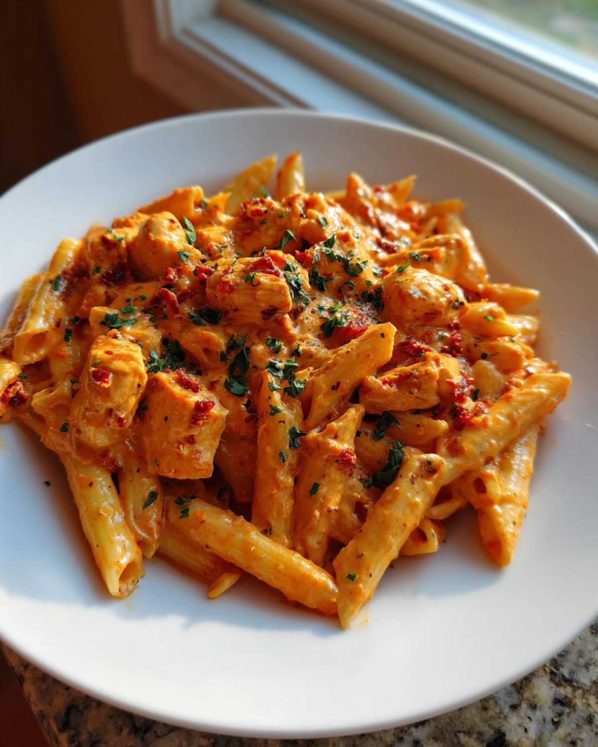 A close-up of a bowl of Creamy Sun Dried Tomato Pasta with Chicken, coated in a rich orange sauce and topped with parsley.