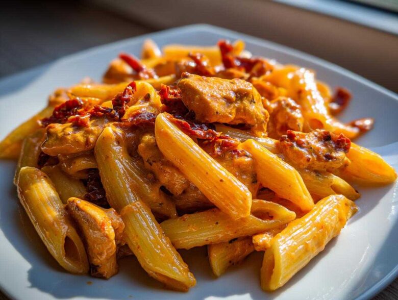Close-up of penne pasta coated in a rich sauce with chicken pieces and sun dried tomatoes in Creamy Sun Dried Tomato Pasta with Chicken.