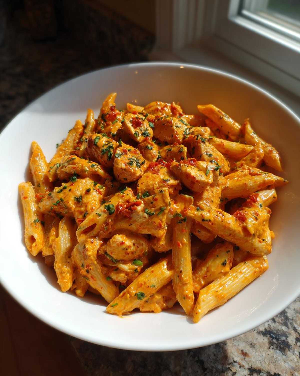 A white bowl filled with creamy sun dried tomato pasta with chicken pieces, garnished with fresh herbs.