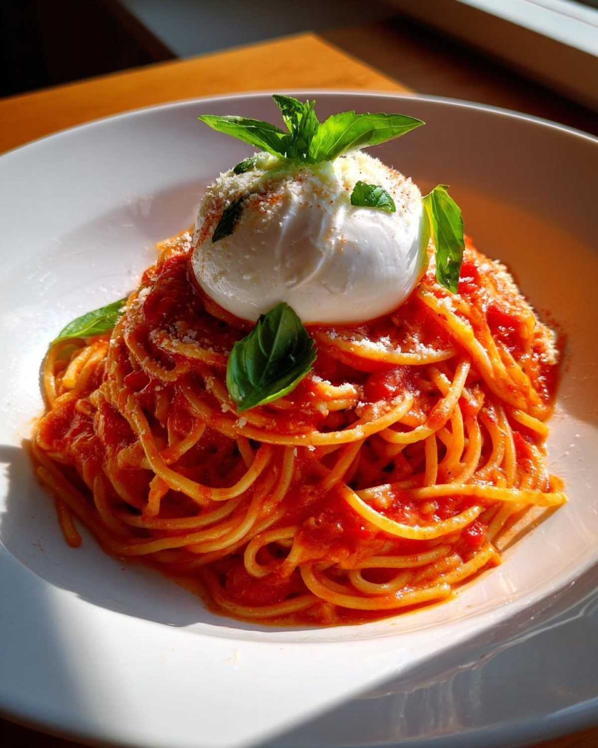 A serving of Creamy Tomato Pasta with Burrata Cheese, garnished with fresh basil leaves.