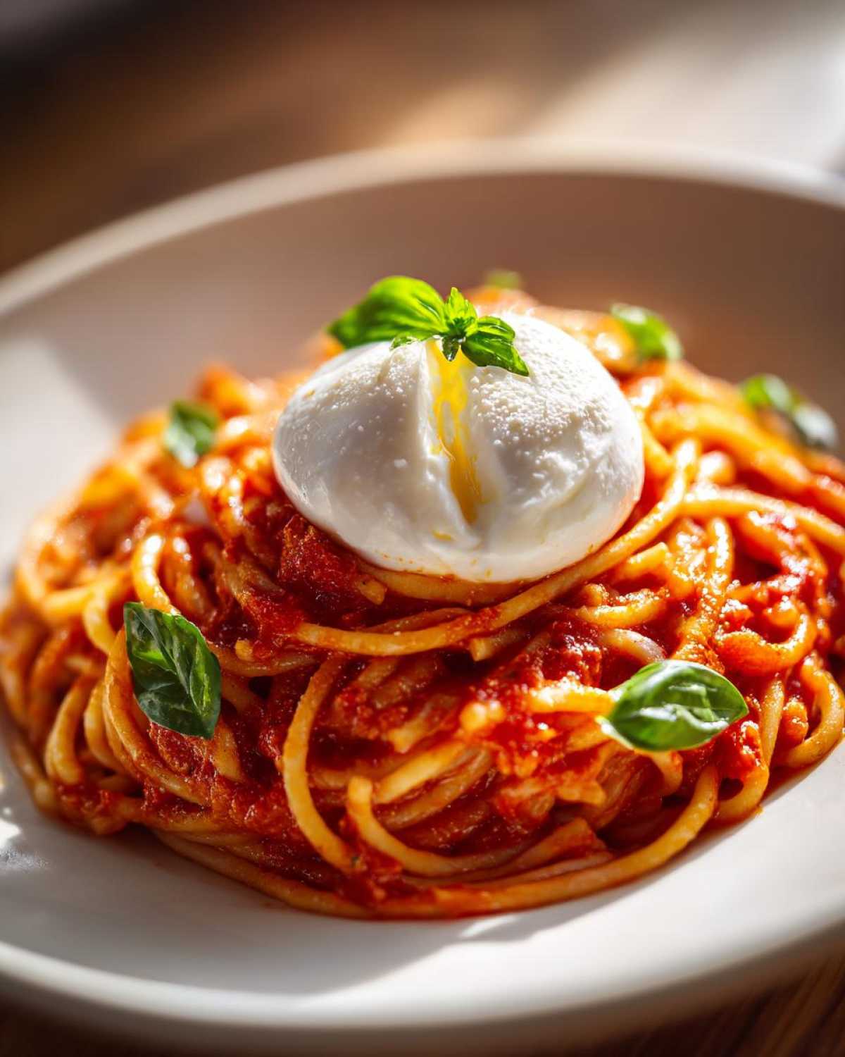 Close-up of Creamy Tomato Pasta with Burrata Cheese topped with fresh basil leaves.