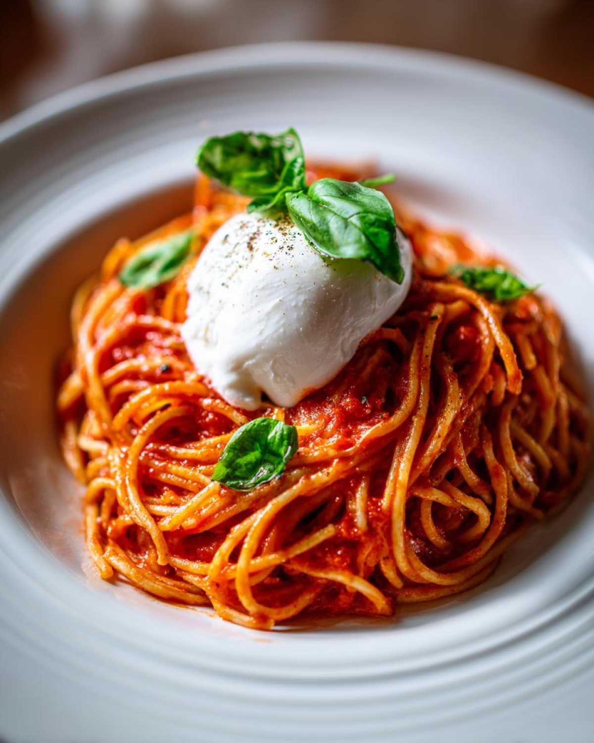 Close-up of a serving of Creamy Tomato Pasta with Burrata Cheese topped with fresh basil leaves.