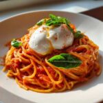 A serving of Creamy Tomato Pasta with Burrata Cheese topped with fresh basil leaves.