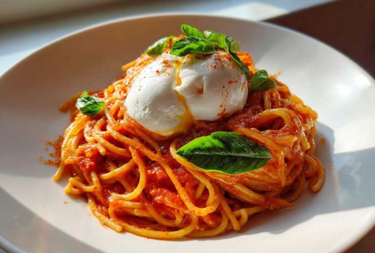 A serving of Creamy Tomato Pasta with Burrata Cheese topped with fresh basil leaves.