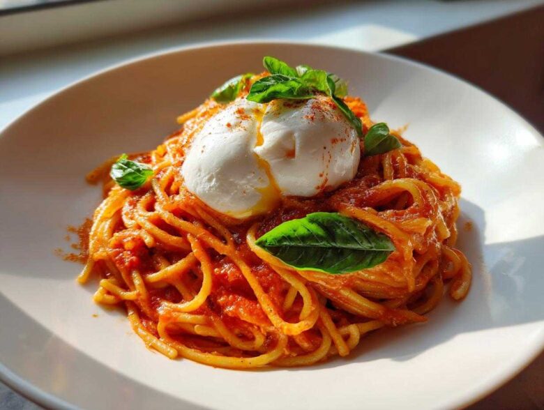A serving of Creamy Tomato Pasta with Burrata Cheese topped with fresh basil leaves.