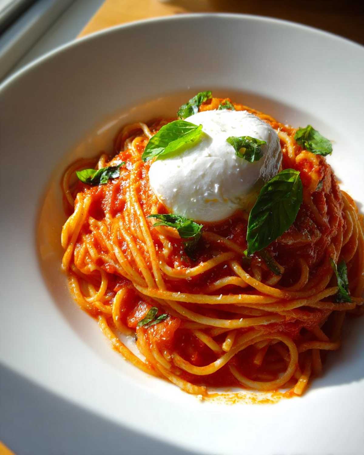 A serving of Creamy Tomato Pasta with Burrata Cheese topped with fresh basil leaves in a white bowl.