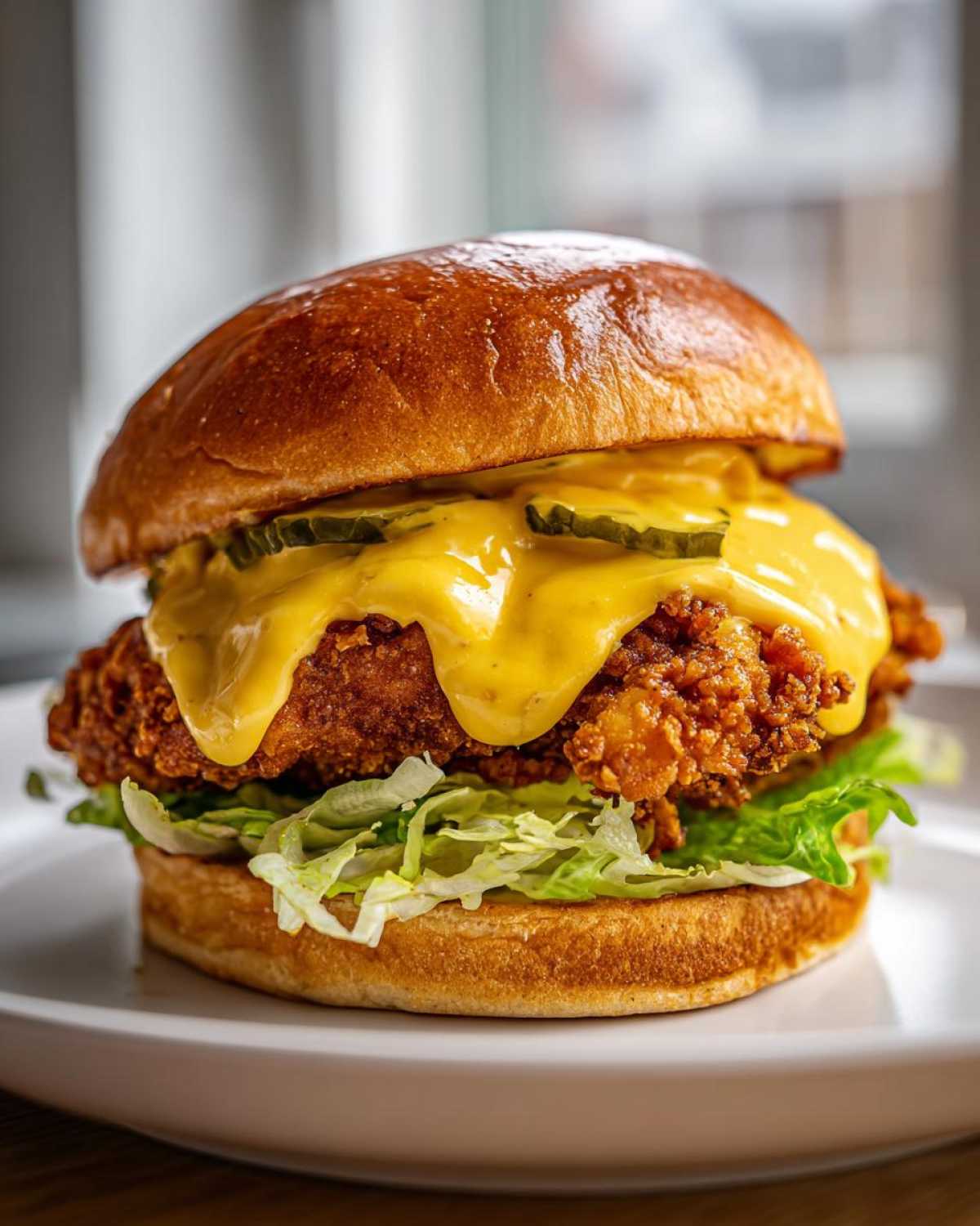 A tall, juicy Crispy Chicken Burger with Honey Mustard Sauce, melted cheese, pickles, and shredded lettuce on a brioche bun.