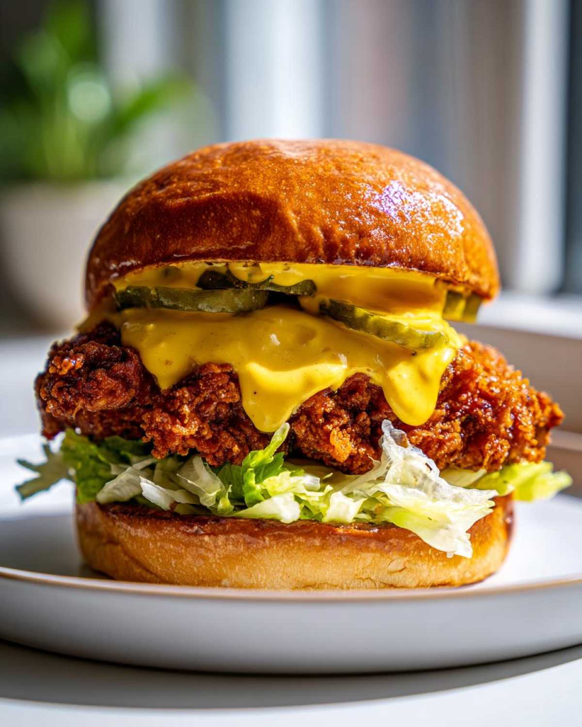 A close-up of a Crispy Chicken Burger with Honey Mustard Sauce, featuring a thick fried patty, melted cheese, pickles, and lettuce on a brioche bun.