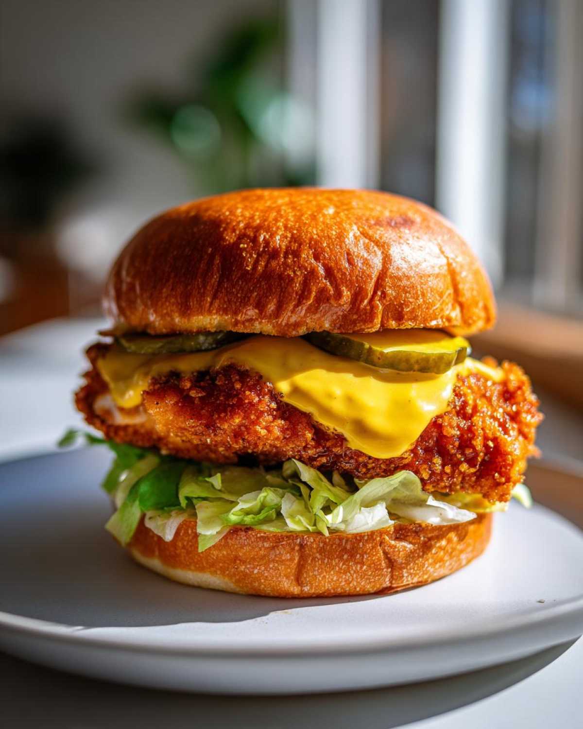 Close-up of a Crispy Chicken Burger with honey mustard sauce, melted cheese, pickles, and lettuce on a brioche bun.