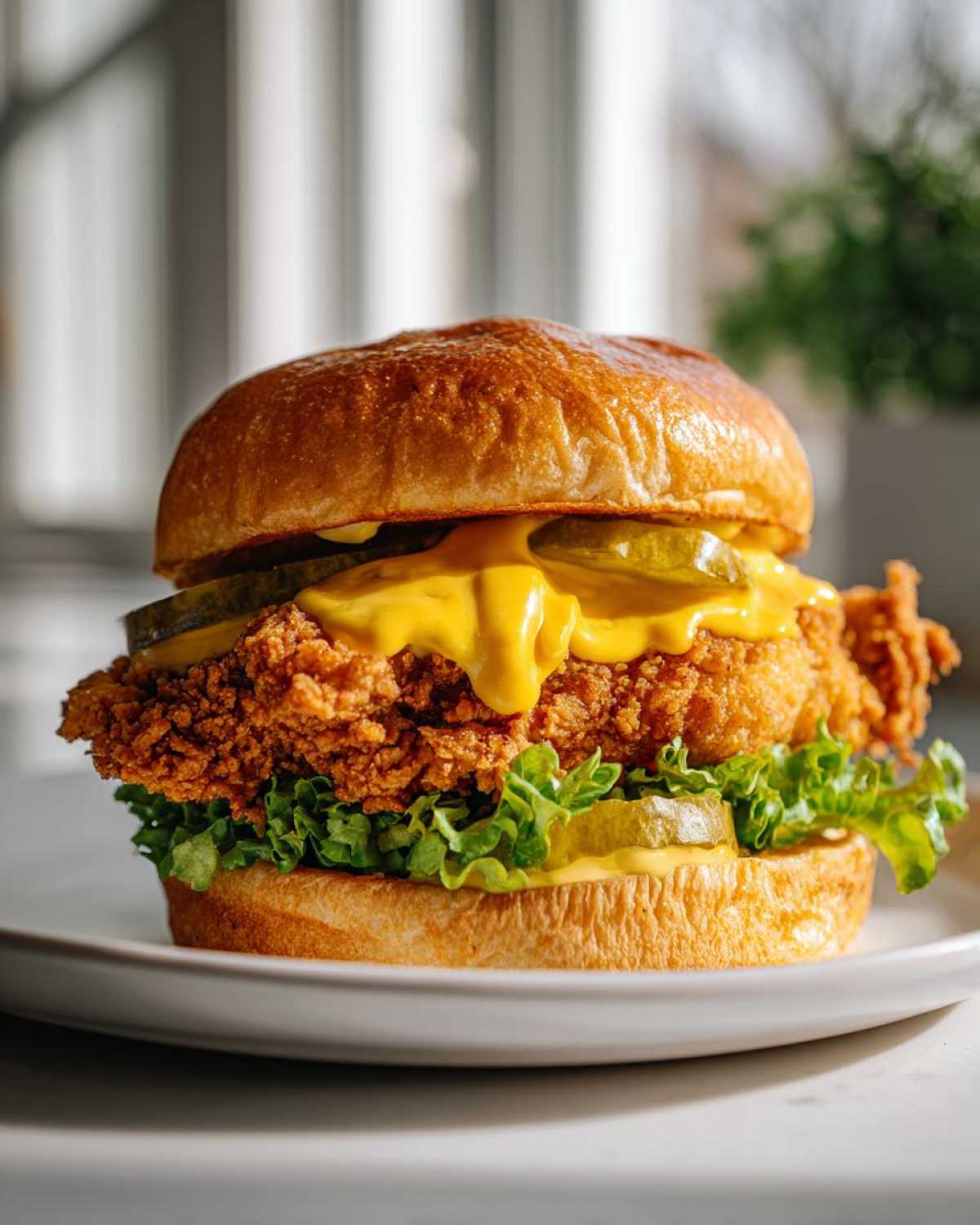 A tall, juicy Crispy Chicken Burger with honey mustard sauce dripping over the fried patty and pickles.