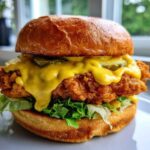 A close-up of a Crispy Chicken Burger with Honey Mustard Sauce dripping over the fried fillet, lettuce, and pickles on a brioche bun.