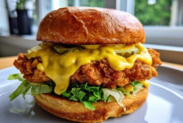 A close-up of a Crispy Chicken Burger with Honey Mustard Sauce dripping over the fried fillet, lettuce, and pickles on a brioche bun.
