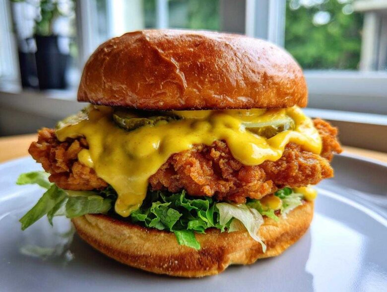 A close-up of a Crispy Chicken Burger with Honey Mustard Sauce dripping over the fried fillet, lettuce, and pickles on a brioche bun.