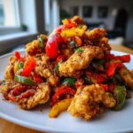 A close-up of Crispy Chicken Fajitas featuring golden, breaded chicken strips mixed with vibrant red, green, and yellow sautéed peppers.