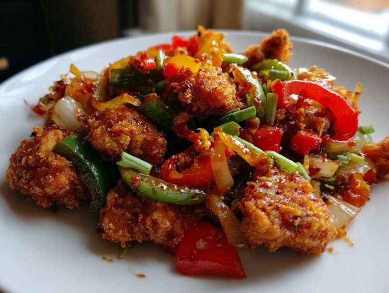 Close-up of Crispy Chicken Fajitas with vibrant sautéed peppers, onions, and a savory sauce on a white plate.