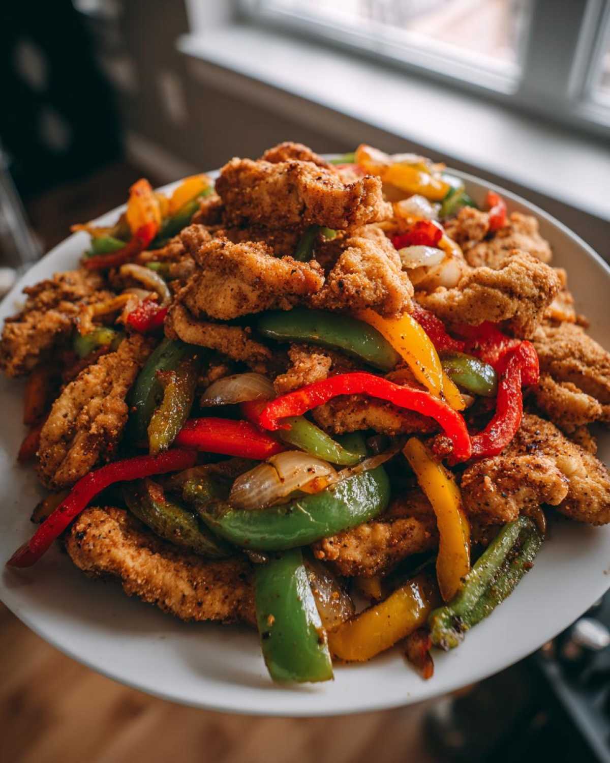 A generous serving of Crispy Chicken Fajitas with sautéed red, green, and yellow peppers and onions piled high on a white plate.