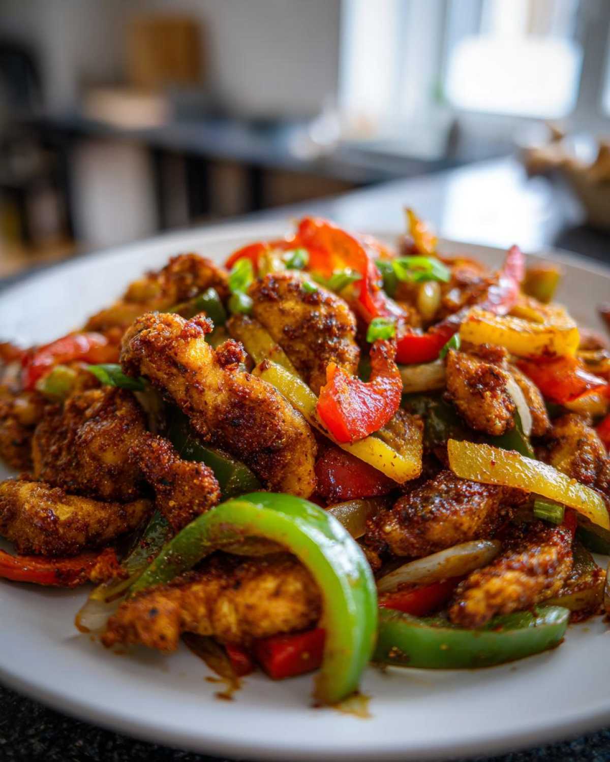 Close-up of seasoned, crispy chicken strips mixed with sautéed red, yellow, and green peppers for Crispy Chicken Fajitas.