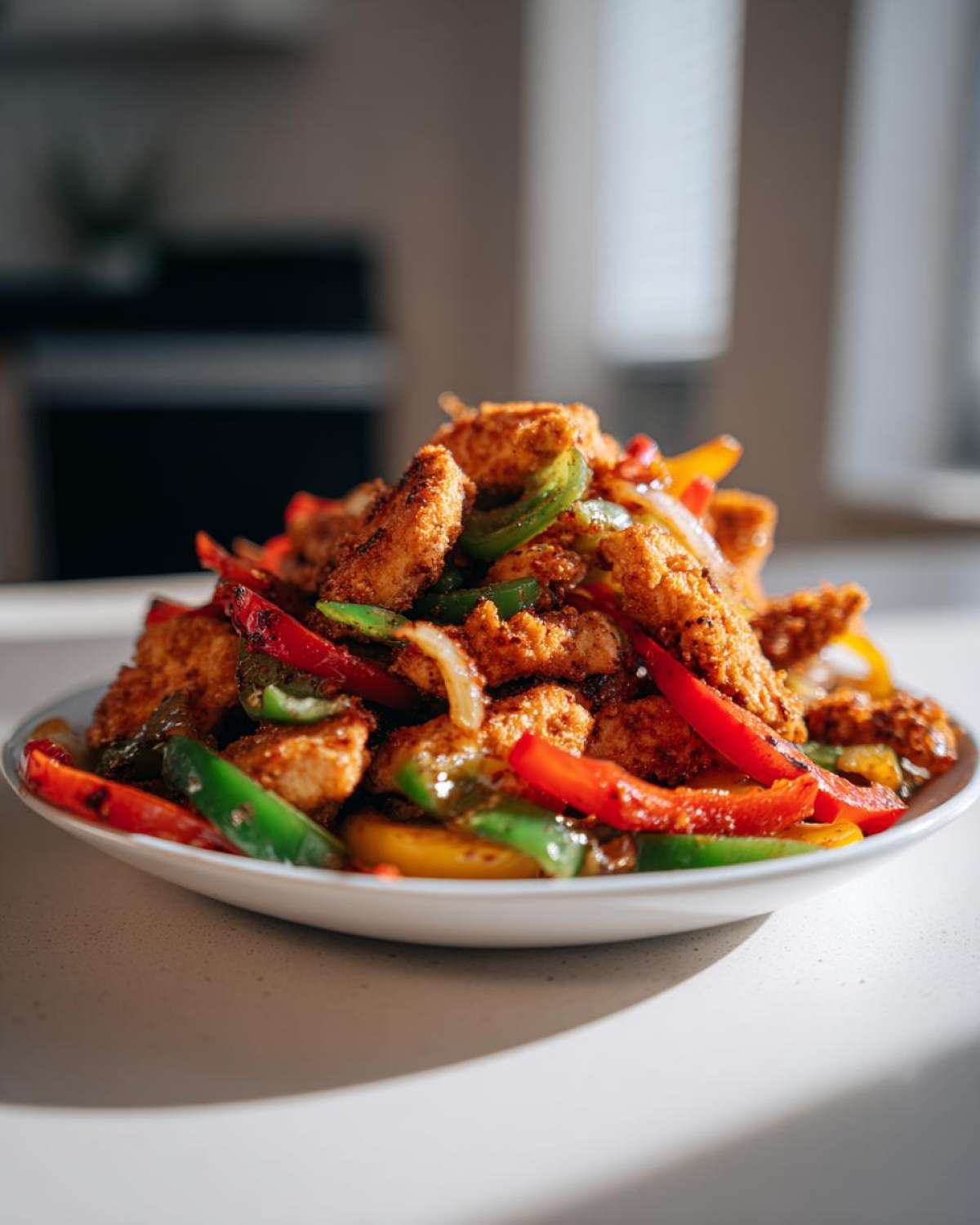 A close-up of Crispy Chicken Fajitas with sautéed red, green, and yellow peppers and onions piled high on a white plate.