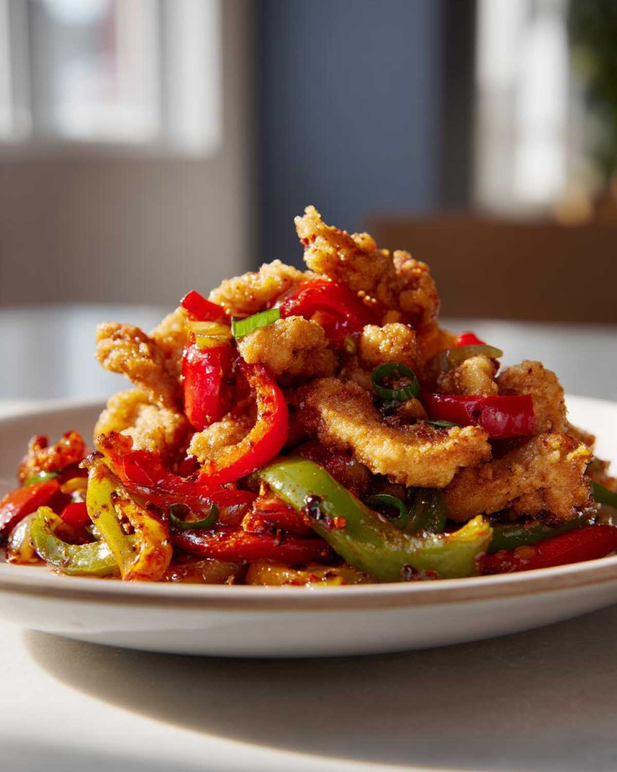 Close-up of Crispy Chicken Fajitas featuring golden fried chicken pieces mixed with vibrant red and green sautéed peppers.