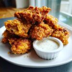 A stack of golden brown, crispy chicken fritters served with a small white ramekin of garlic yogurt sauce.