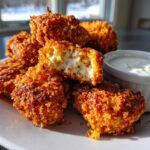 A plate of golden brown Crispy Chicken Fritters, one cut open to show the white interior, served with a side of garlic yogurt sauce.