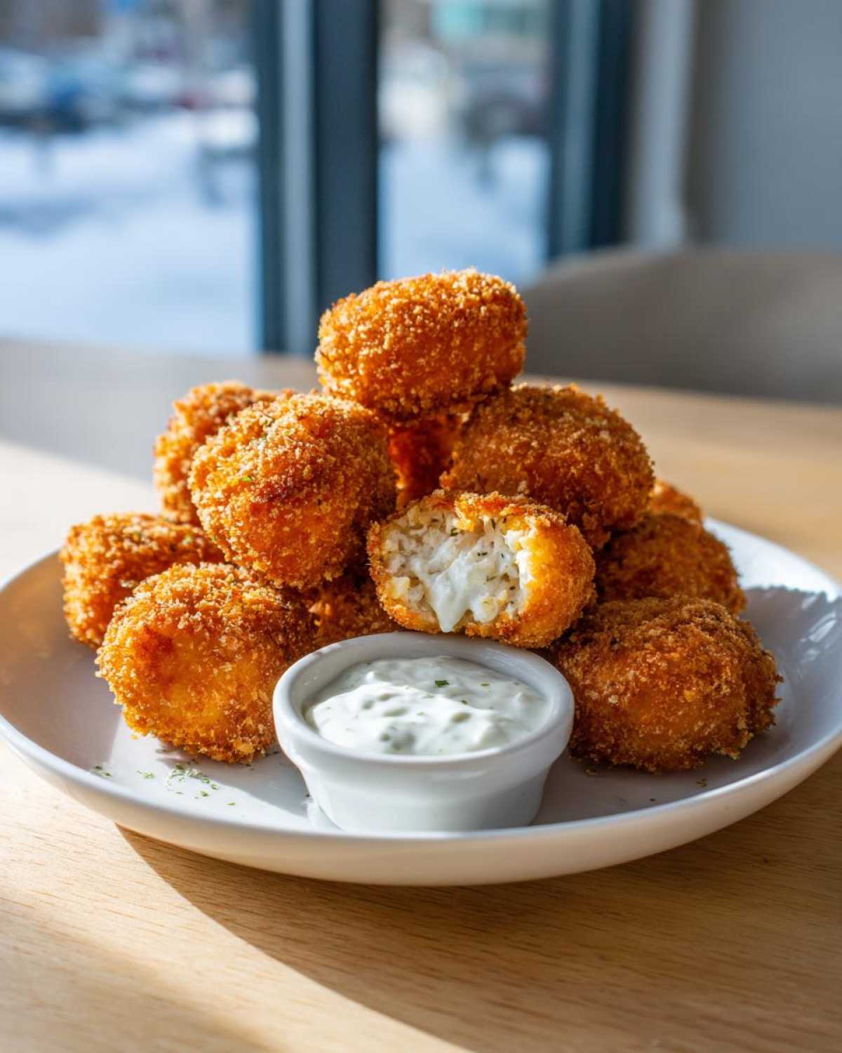 A pile of golden brown Crispy Chicken Fritters served with a small bowl of Garlic Yogurt Sauce.