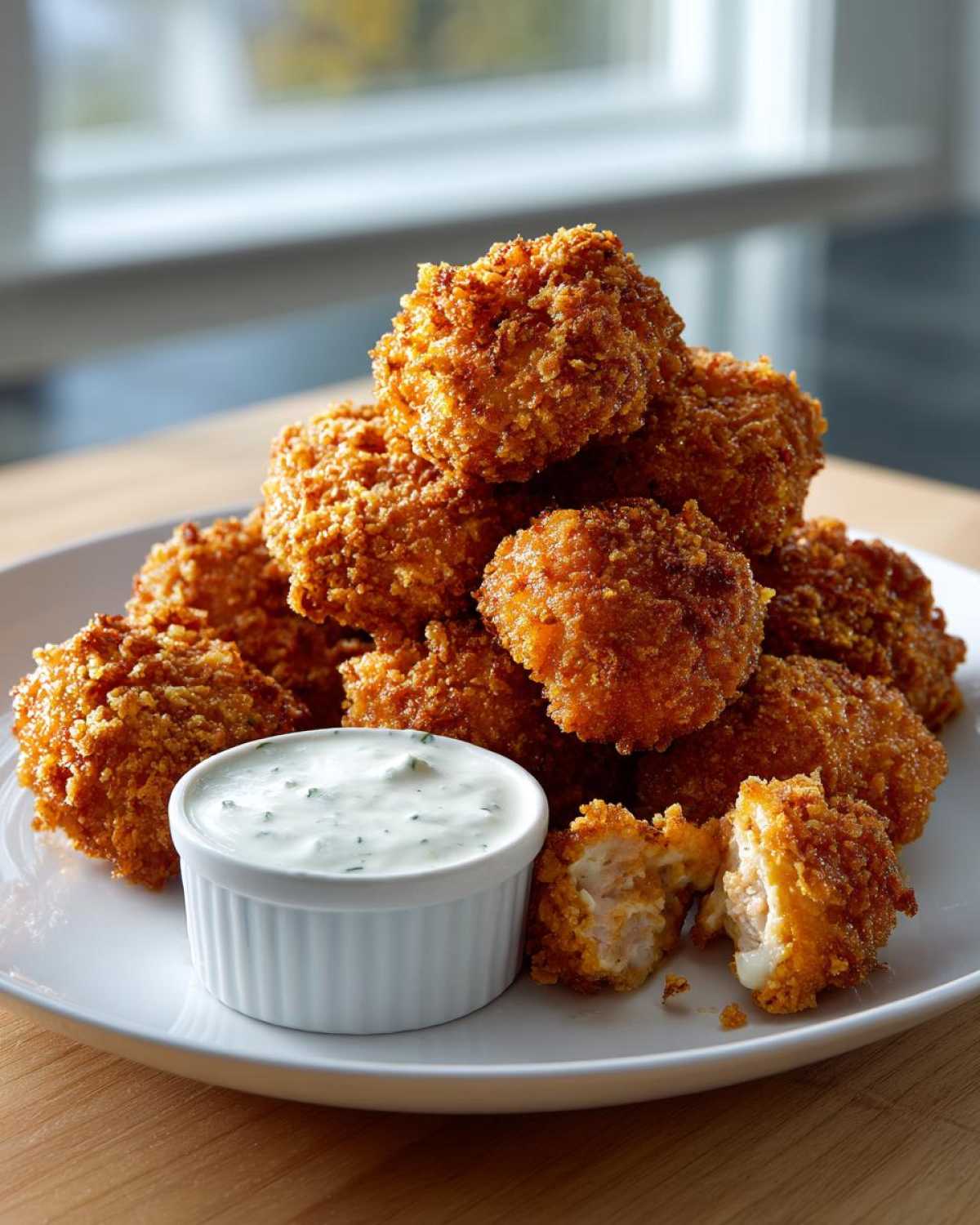 A stack of golden brown Crispy Chicken Fritters served with a side of creamy Garlic Yogurt Sauce.
