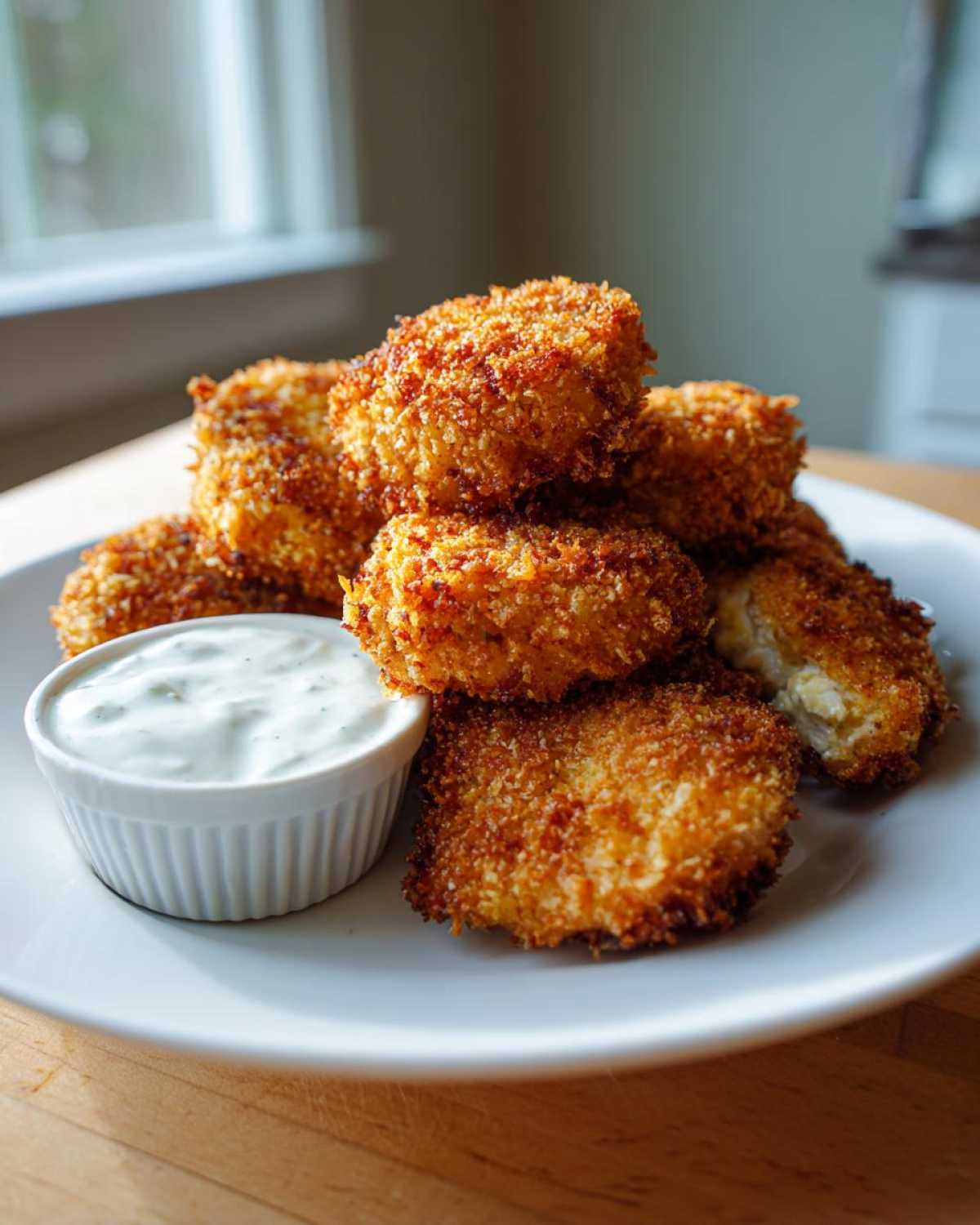 A stack of golden brown, crispy chicken fritters served on a white plate next to a small ramekin of garlic yogurt sauce.
