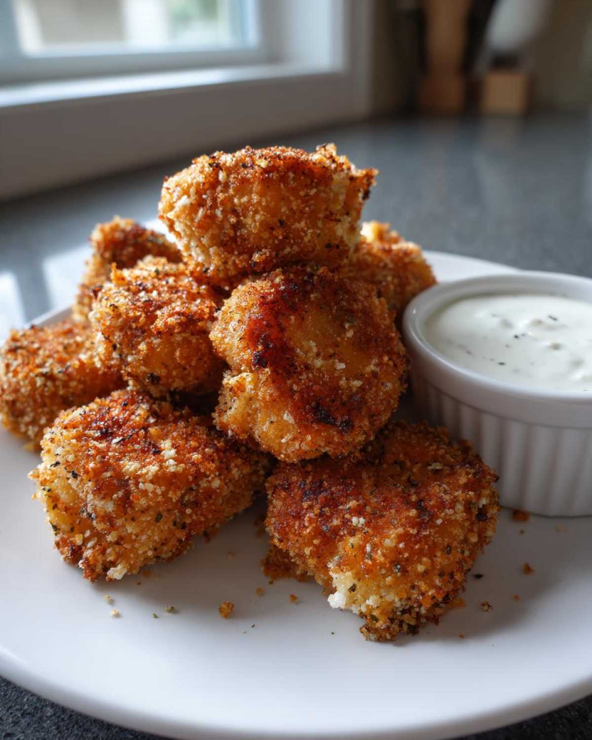 A stack of golden brown, crispy chicken fritters served on a white plate next to a small bowl of garlic yogurt sauce.
