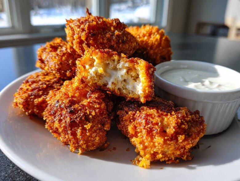 A plate of golden brown Crispy Chicken Fritters, one cut open to show the white interior, served with a side of garlic yogurt sauce.