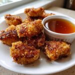 Close-up of golden brown Crispy Chicken Nuggets with Honey Dip drizzled over them, served with a side of dipping sauce.