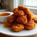 A pile of golden brown, crispy chicken nuggets served on a white plate next to a small bowl of honey dip.