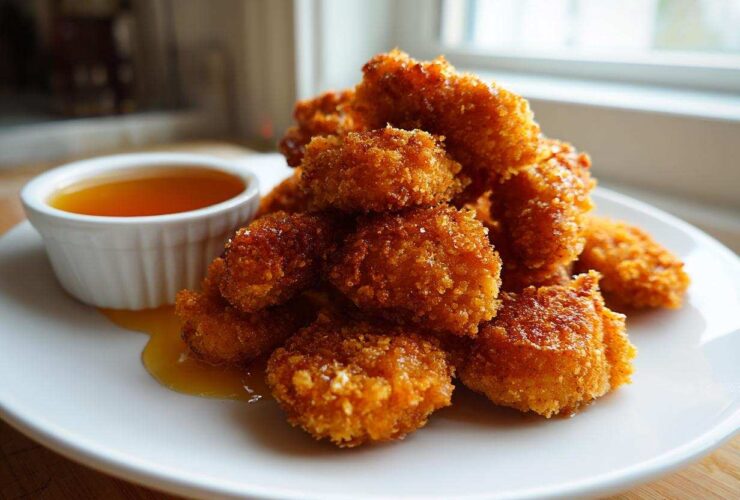 A pile of golden brown, crispy chicken nuggets served on a white plate next to a small bowl of honey dip.