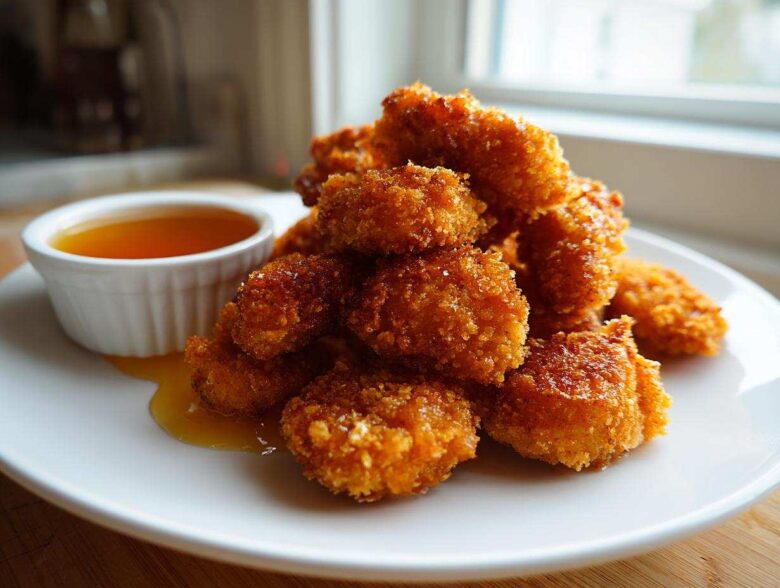 A pile of golden brown, crispy chicken nuggets served on a white plate next to a small bowl of honey dip.