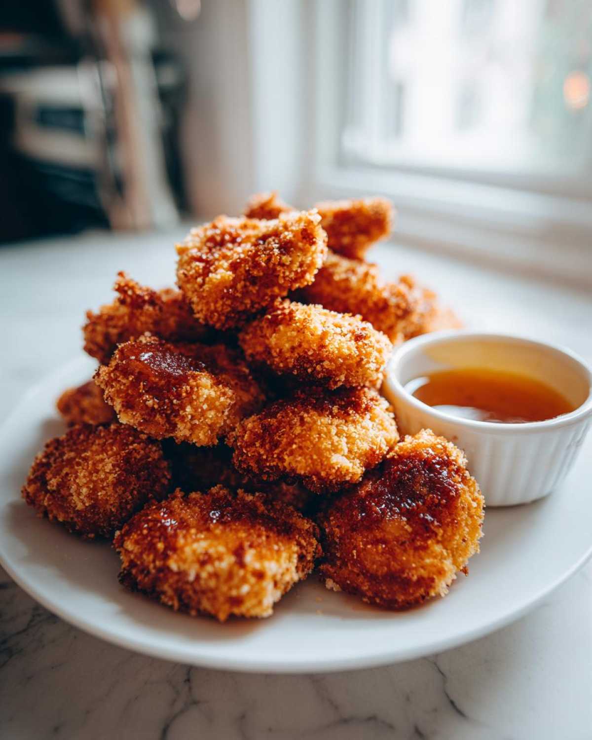 A pile of golden brown Crispy Chicken Nuggets with Honey Dip served on a white plate.