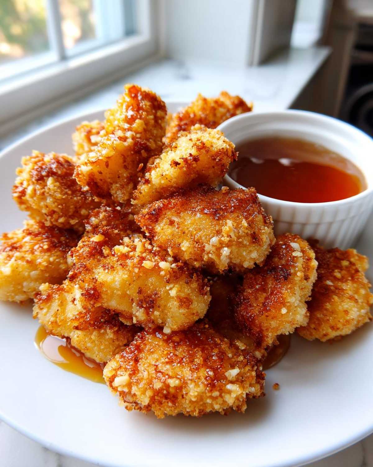 A pile of golden brown Crispy Chicken Nuggets with Honey Dip served on a white plate.