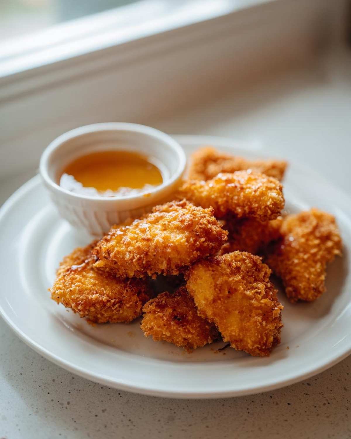 A plate of golden brown Crispy Chicken Nuggets with Honey Dip served on a white plate near a bright window.