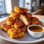 A pile of golden brown, crispy chicken nuggets served with a side of honey garlic dip.