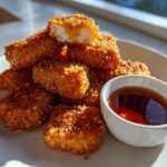 A pile of golden brown, crispy chicken nuggets served with a small white bowl of dark honey garlic dip.